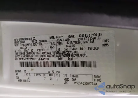 2012 Ford E-250 Commercial from USA, damaged, VIN 1FTNE2EW9CDA44169